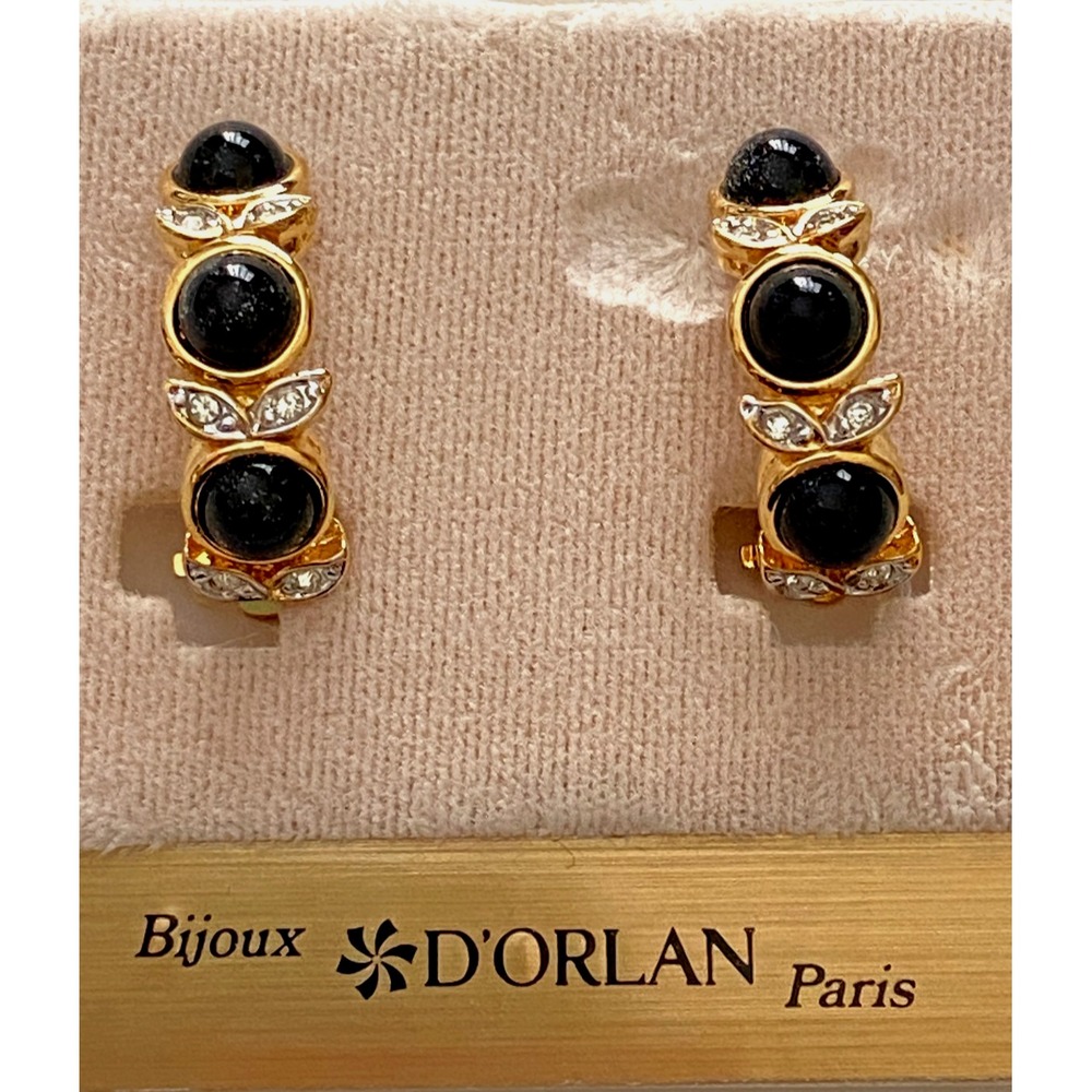 Vtg D'Orlan Gold Tone Black Cabochon & Crystal Half Hoop Clip on Earrings ~New